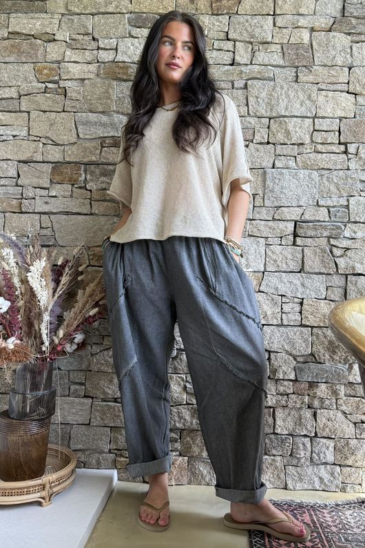 Rustic Nature Linen Blend Barrel Pant Washed Charcoal
